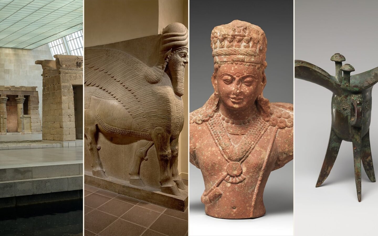 Composite of the Temple of Dendur, an Assyrian lamassu, a Kushan crowned bodhisattva and a Shang bronze wine vessel.