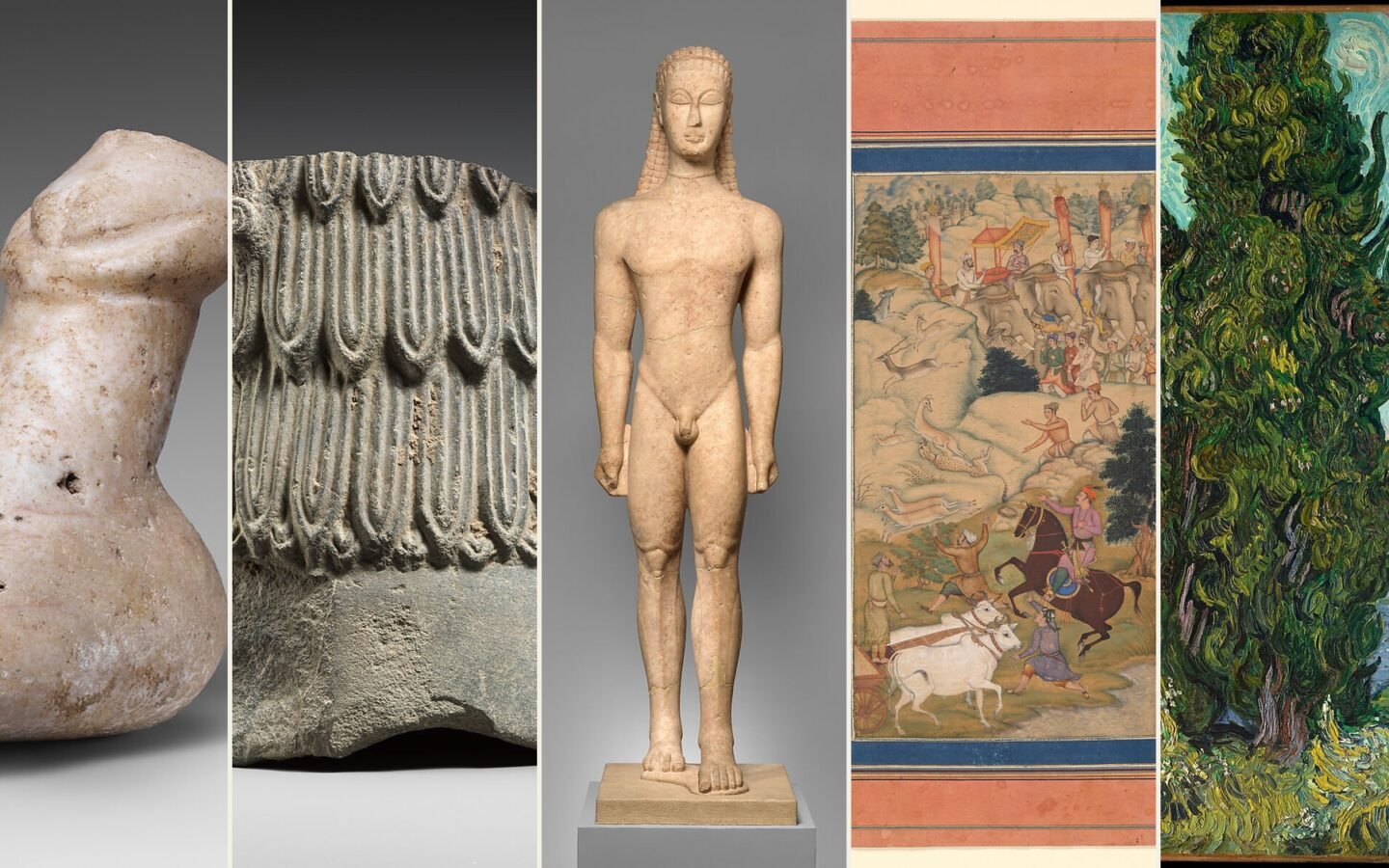 Composite showing a Neolithic figurine, a Sumerian figure, a Greek kouros, a Mughal manuscript painting and Van Gogh's Cypresses.