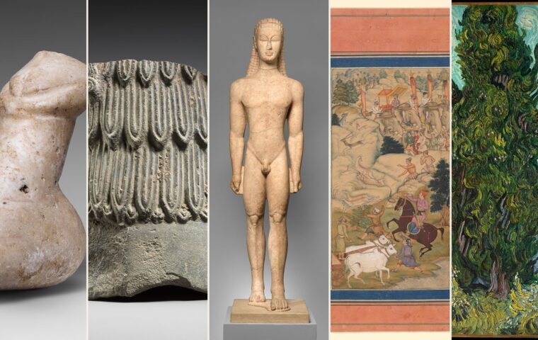 Composite showing a Neolithic figurine, a Sumerian figure, a Greek kouros, a Mughal manuscript painting and Van Gogh's Cypresses.