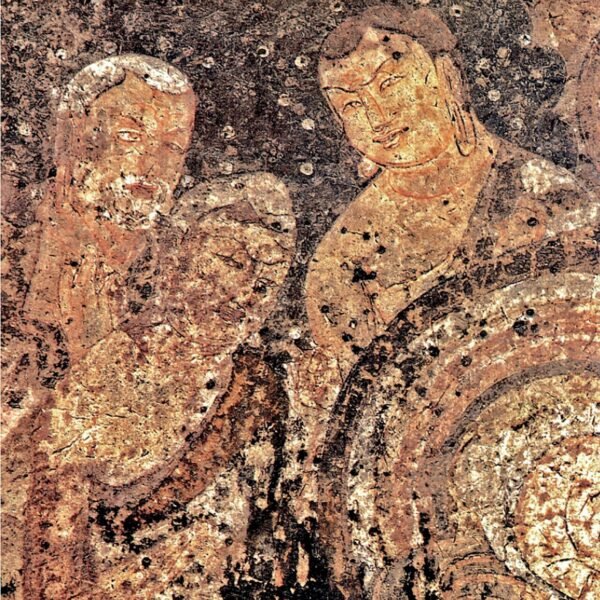 Ancient Indian cave mural detail with painted figures