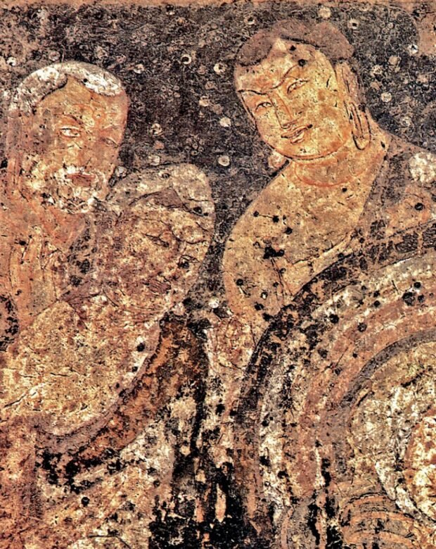 Ancient Indian cave mural detail with painted figures